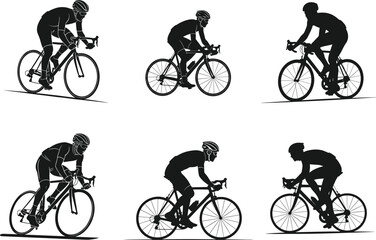 Cyclist silhouette vector set, road bike illustration, athletic riding posture, black and white sports design, dynamic cycling motion, helmeted racer artwork
