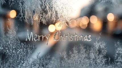 Frosted Christmas greeting etched in ice, against a bokeh background. Capturing the magic of the season.  Merry Christmas Banner