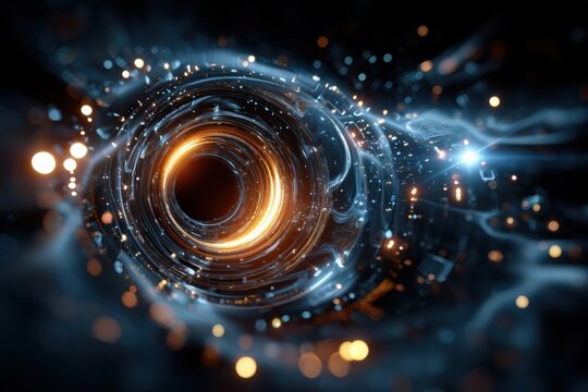 Futuristic energy vortex with glowing light trails / Sci-fi wormhole tunnel in deep space