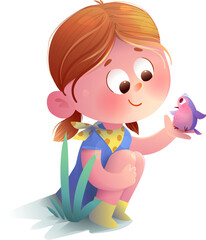 Cute little girl sitting and holding a bird in her hand. Adorable baby girl meeting her new friend little bird. Character design for kids story. Hand drawn child vector cartoon illustration for kids.