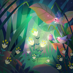 Little birds watching glowing sparkling flowers among leaves and greenery. Dark magical forest scenery. Fantasy wonder scene for kids fairy tale book. Vector cartoon illustration for children story.