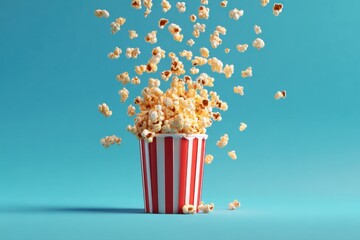 Flying popcorn bursting out of striped bucket on light blue background