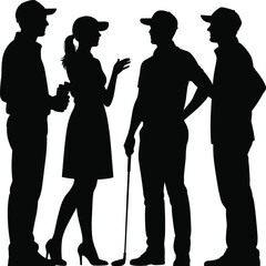 Golf outing silhouette, casual sportswear group, woman in heels, social interaction, drink in hand, outdoor leisure, vector illustration, black shadow style