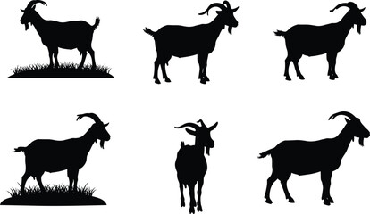 Goat silhouette vector illustration, black goat shapes, farm animal poses, grazing goat clipart, livestock graphic, horned goat design, Adobe Stock content