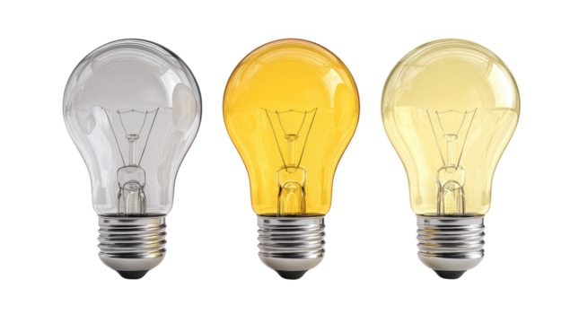 Three incandescent light bulbs, differing in color