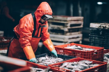 Worker sorting fresh fish in a market during early morning hours in a chilly environment