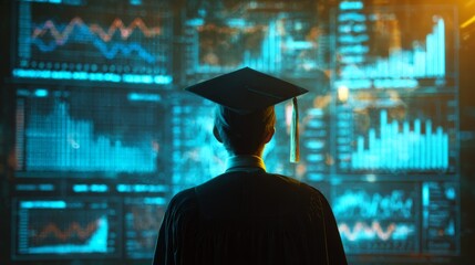 Graduate in cap and gown contemplating data charts and graphs in a digital environment
