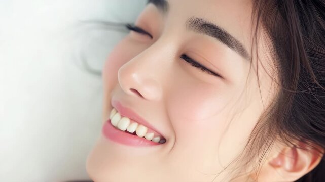 Woman looking away from camera with blush and a radiant smile.