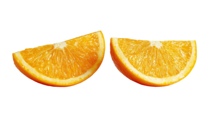 Two orange slices, close-up, vibrant color, showing the segmented interior, slightly angled, and a crisp outline