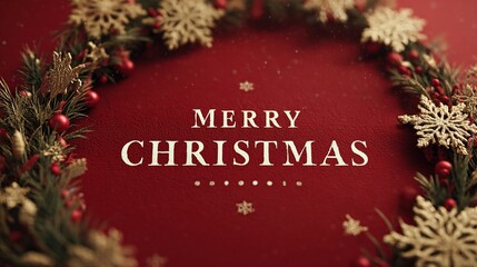 A Festive Christmas wreath with golden snowflakes, fir branches, creating a joyous holiday season greeting with the words MERRY CHRISTMAS. Merry Christmas Banner
