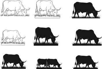 Set of Grazing Cow and Bull Vector Illustrations, Black and White Silhouette Farm Animals, Rural Agriculture Livestock for Nature, Ranch, Field Scenes
