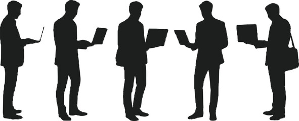 Silhouette people using laptops, digital nomads working remotely, modern tech lifestyle, mobile computing, freelance professionals, business travel, online communication, productivity on the go