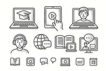 Set of Engraving Sketch Line Icons Illustrating Digital Education, Online Learning, and Virtual Classroom Concepts