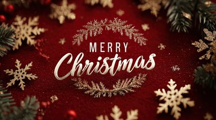 Festive Christmas design featuring intricately crafted golden snowflakes and verdant pine branches, set against a rich, crimson backdrop. Merry Christmas Banner