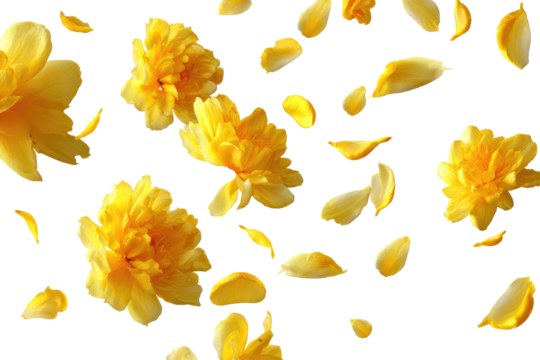 Yellow flower petals and blossoms,  a scattered,  floating design