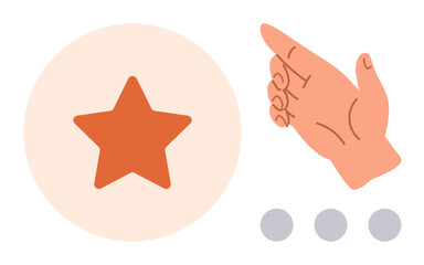 Hand pointing towards an orange star inside a circle accompanied by three gray dots. Ideal for focus, achievement, selection, direction, motivation, decision, choice. Abstract simple flat metaphor