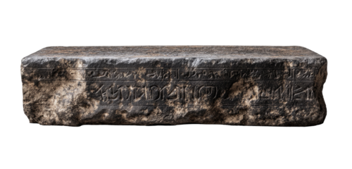 Ancient stone slab, possibly inscribed with text.  Carved, dark gray rectangular slab.  Shows signs of age and weathering