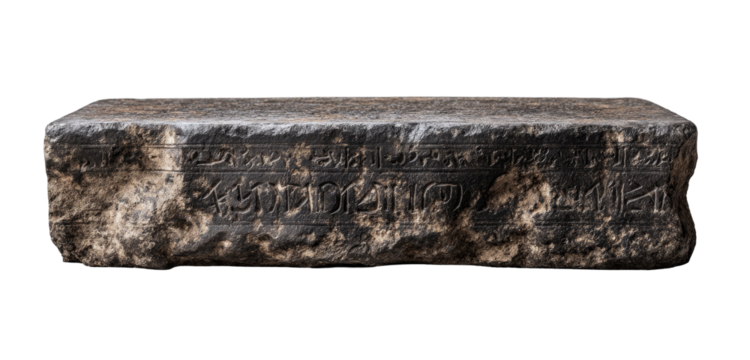 Ancient stone slab, possibly inscribed with text.  Carved, dark gray rectangular slab.  Shows signs of age and weathering