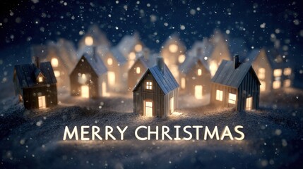 A Christmas village comes alive at night, bathed in the soft glow of festive lights against a backdrop of a snowy winter night. ,Merry Christmas Banner