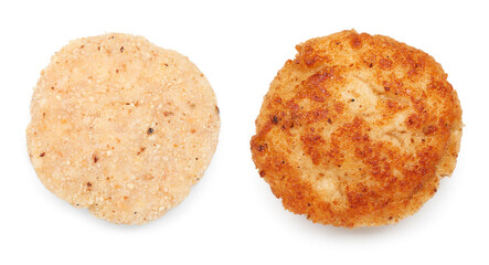 Meat patty isolated on white, collage. Raw and roasted cutlet