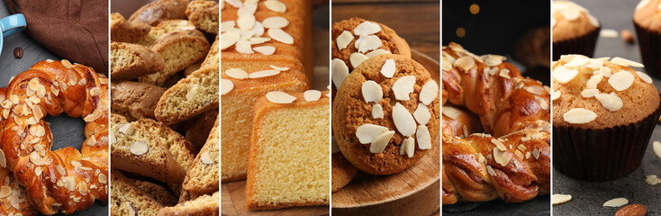 Different tasty pastry with almond, collage. Buns, cookies, cake and muffins
