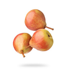 Three fresh pears falling on white background