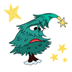A sad cartoon-style Christmas tree surrounded by stars. Winter, Christmas, and New Year's Eve, hand-drawn clip art. Vector illustration on a white background.