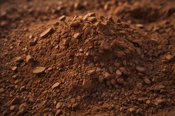 Cocoa powder piled on a textured white floor, macro ingredient for coffee drink