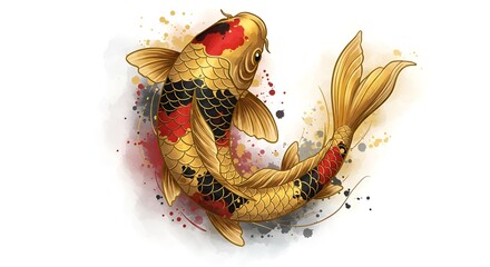 Elegant Golden Koi Fish with Red and Black Scales and Abstract Splatters