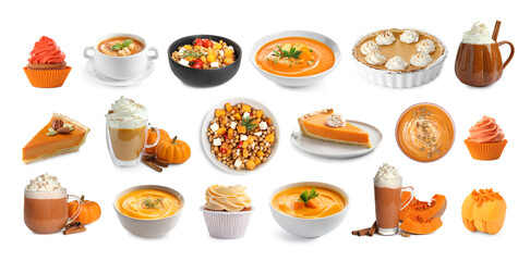 Pumpkin as main ingredient of different dishes, desserts and drinks. Collection on white background