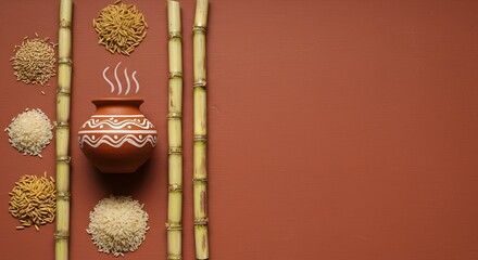 Festive Clay Pot with Rice and Sugarcane for Indian Harvest Celebration