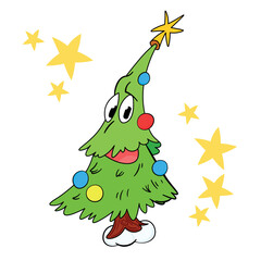 A Christmas tree character decorated with garlands. Surrounded by stars. With a star and decorations—a charming illustration of a festive day. Winter, Christmas, and New Year, hand-drawn clip art.
