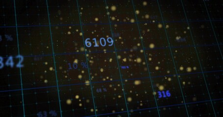 Displaying blue grid showing floating glowing yellow particles in data space, with numeric overlays