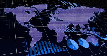 Floating purple world map over dashboard, with grid and scale lines, blue charts, overlay lines