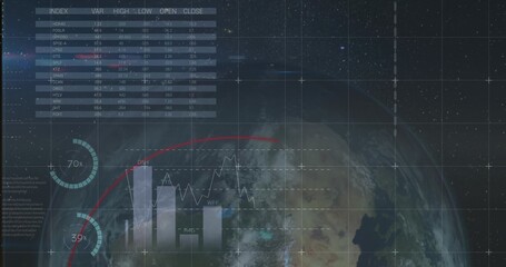 Obraz premium Holographic interface projecting index table over Earth, with bar or line charts, circular indicator