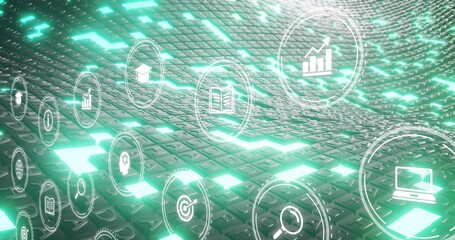 Streaming UI icons floating above neon green keyboard tile grid, showcasing bar chart laptop lock