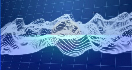 Floating white-blue dotted waveform twisting over 3D dark blue grid plane, digital mesh waveform