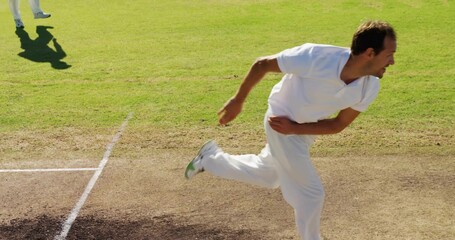 Bowling cricketer delivering ball on cricket pitch, with crease lines and vibrant outfield