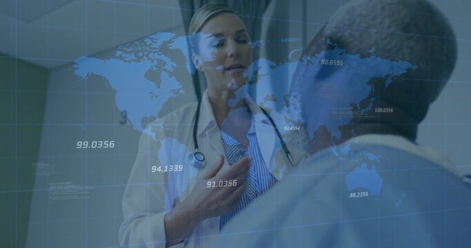 Explaining medical data female doctor gesturing in clinical exam with stethoscope digital world map