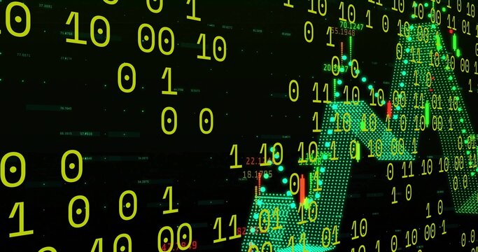 Showing binary and candlestick chart on finance dashboard, with green bars, red markers, copy space