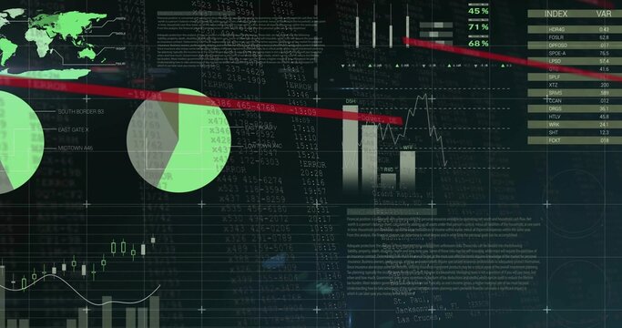 Dashboard displaying charts in trading interface, with world map, pie charts, trend line and index - Powered by Adobe