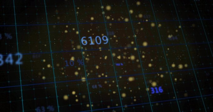Displaying blue grid showing floating glowing yellow particles in data space, with numeric overlays - Powered by Adobe