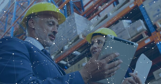 Warehouse team inspecting inventory in warehouse aisle, with tablet clipboard helmets boxes overlay