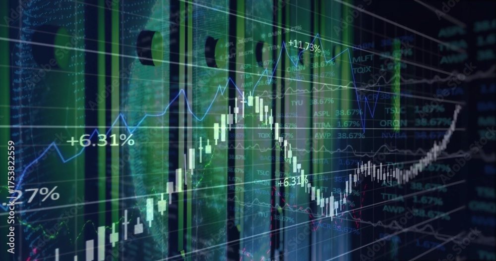 Wall mural Digital chart showing in translucent trading UI with candlesticks, graphs, percentages and tickers