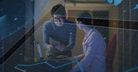 Explaining data with Asian man holding tablet and woman typing laptop in tech lab, data overlays