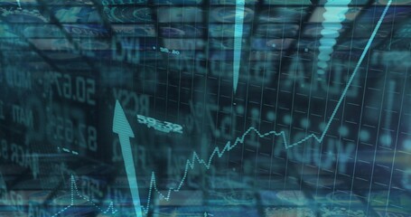 Showing trading dashboard scrolling data, jagged graph, up arrow, ticker symbols and currency icons