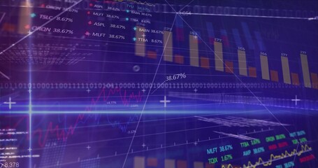 Displaying financial dashboard showing bar charts and line graphs over binary code with light beams