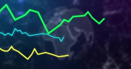 Naklejka premium Three jagged green, cyan and yellow line graphs running across dark world map silhouette, dashboard
