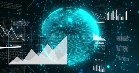 Displaying holographic globe rotating over digital grid, with area and line charts, data points