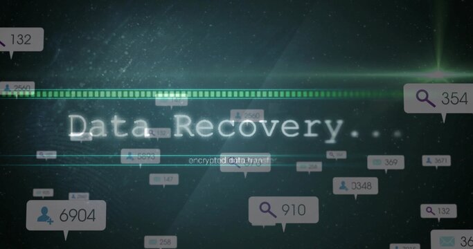 Glitchy Data Recovery text animating in cybersecurity interface, with segmented green progress bar